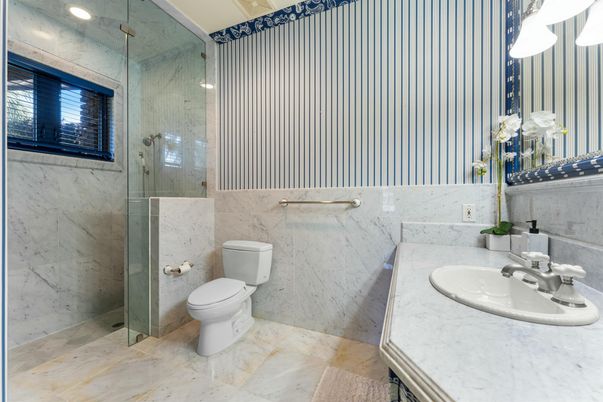 Bathroom, Glass Shower, Interior, Marble Walls, Recessed Lighting