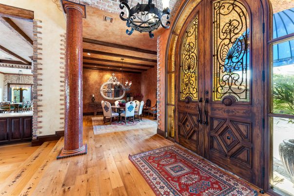 Chandelier, Dining room, Interior, Recessed Lighting, Wooden Beams, Wood Texture Flooring
