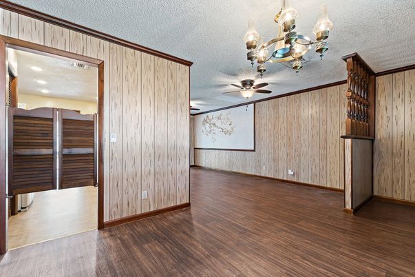Chandelier, Empty room, Interior, Recessed Lighting, Wood Texture Flooring, Wooden Walls
