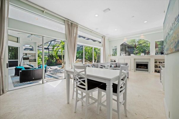 Dining room, Fireplace, Interior, Living room, Recessed Lighting