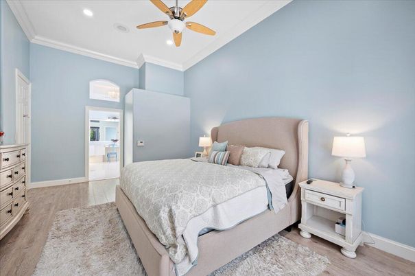 Bedroom, Interior, Recessed Lighting, Wood Texture Flooring