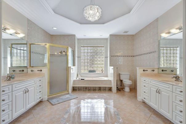 Bathroom, Dual Sink Vanities, Glass Shower, Interior, Pendant Lights, Recessed Lighting