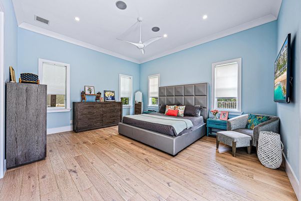 Bedroom, Interior, Recessed Lighting, Wood Texture Flooring