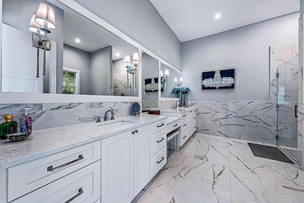 Bathroom, Dual Sink Vanities, Glass Shower, Interior, Marble, Marble Walls, Recessed Lighting