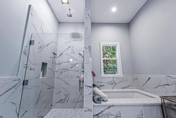 Bathroom, Glass Shower, Interior, Marble Walls, Recessed Lighting