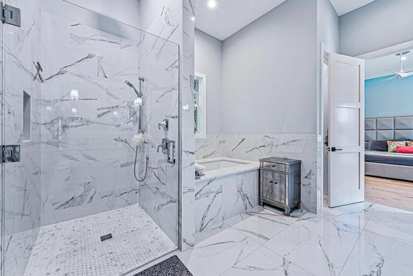 Bathroom, Bedroom, Glass Shower, Interior, Marble, Marble Walls, Recessed Lighting