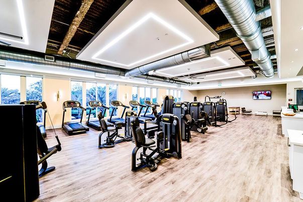 Fitness Equipment, Gym, Interior, Recessed Lighting, Wood Texture Flooring