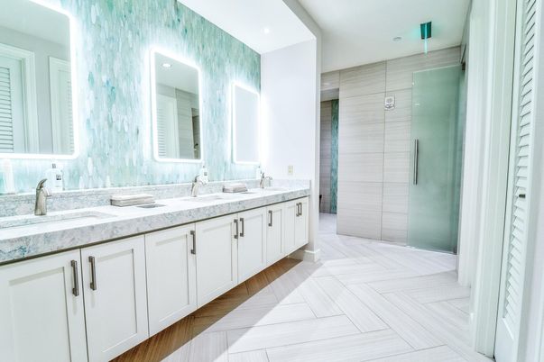 Bathroom, Dual Sink Vanities, Glass Shower, Interior, Marble, Recessed Lighting