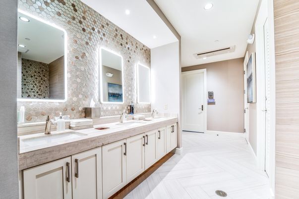 Bathroom, Dual Sink Vanities, Interior, Marble, Recessed Lighting