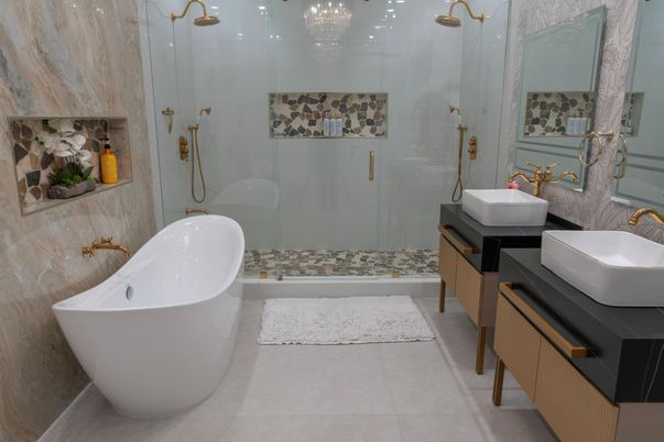 Bathroom, Dual Sink Vanities, Free Standing Baths, Glass Shower, Interior