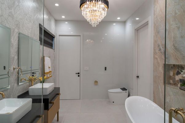 Bathroom, Chandelier, Interior, Recessed Lighting