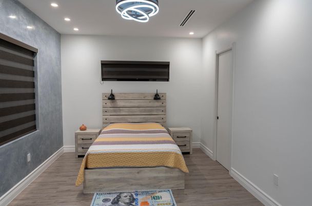 Bedroom, Interior, Pendant Lights, Recessed Lighting, Wood Texture Flooring