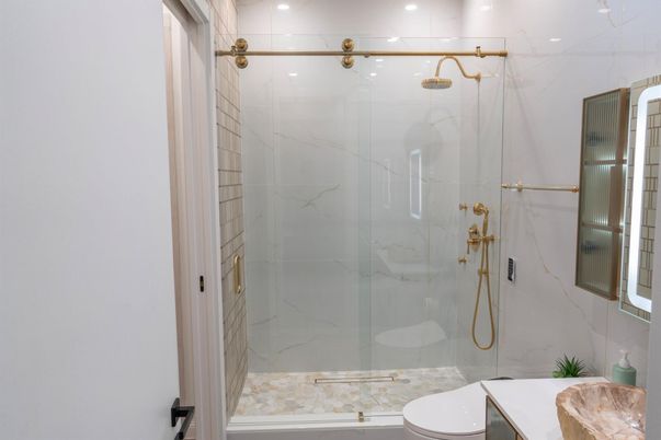 Bathroom, Glass Shower, Interior, Marble Walls