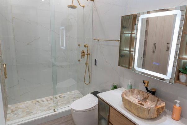 Bathroom, Glass Shower, Interior, Marble Walls