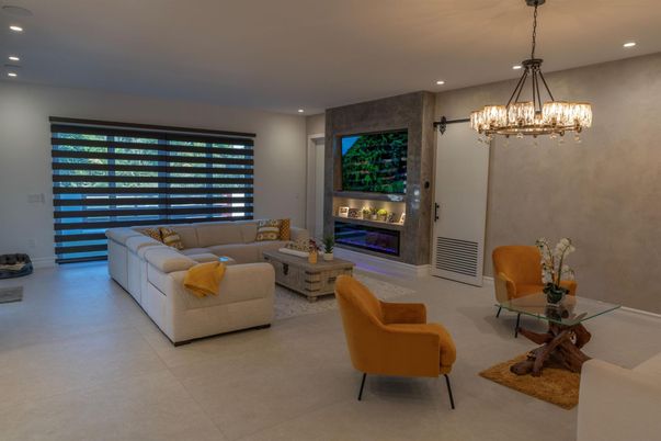 Chandelier, Fireplace, Interior, Living room, Recessed Lighting