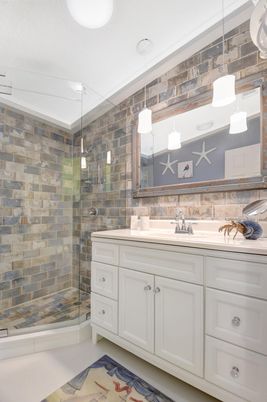 Bathroom, Glass Shower, Interior, Pendant Lights, Stone Walls