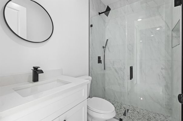 Bathroom, Glass Shower, Interior, Marble Walls, Recessed Lighting