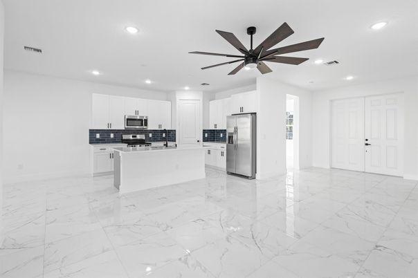 Interior, Kitchen, Marble, Recessed Lighting, Stainless Steel Appliances