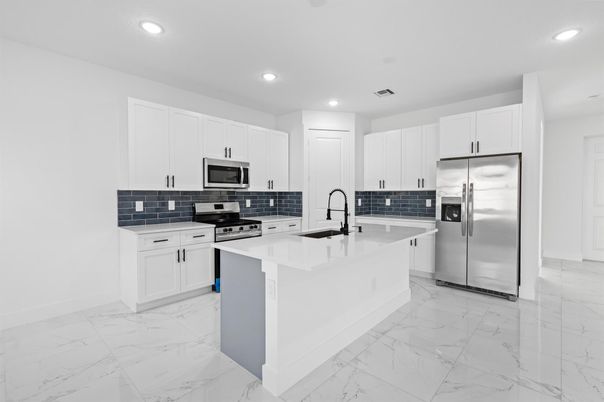Interior, Kitchen, Marble, Recessed Lighting, Stainless Steel Appliances
