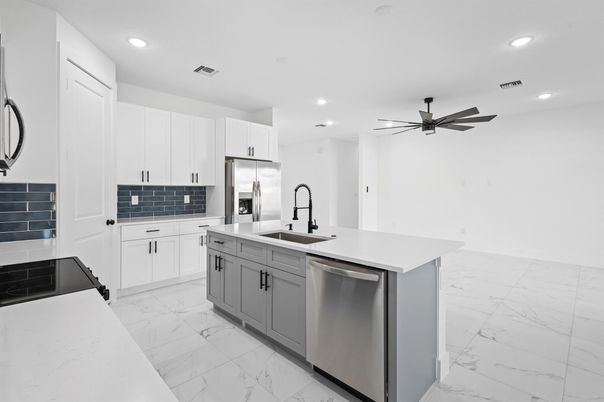 Interior, Kitchen, Marble, Recessed Lighting, Stainless Steel Appliances