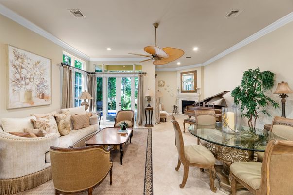 Dining room, Fireplace, Interior, Living room, Piano, Recessed Lighting
