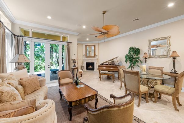 Dining room, Fireplace, Interior, Living room, Piano, Recessed Lighting