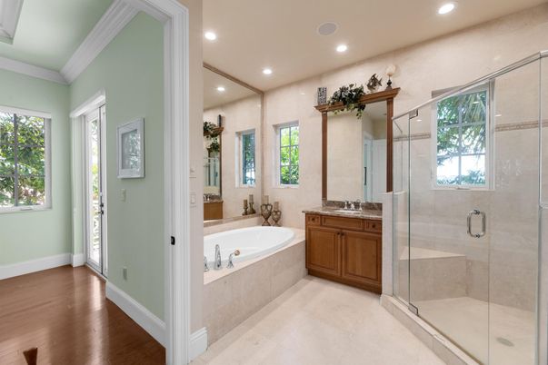 Bathroom, Glass Shower, Interior, Recessed Lighting, Wood Texture Flooring