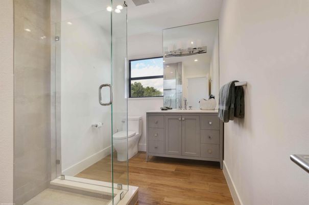 Bathroom, Glass Shower, Interior, Recessed Lighting, Wood Texture Flooring
