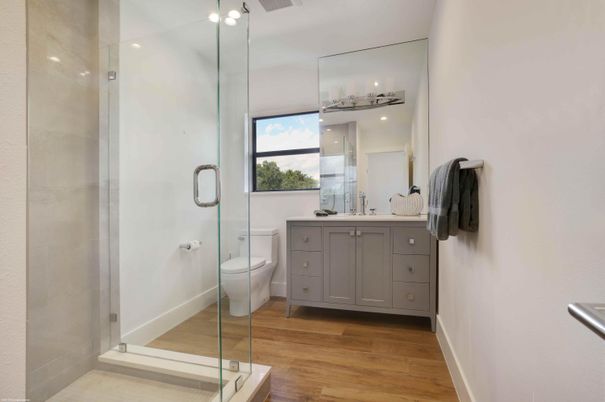 Bathroom, Glass Shower, Interior, Recessed Lighting, Wood Texture Flooring