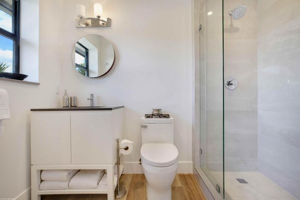 Bathroom, Glass Shower, Interior, Wood Texture Flooring