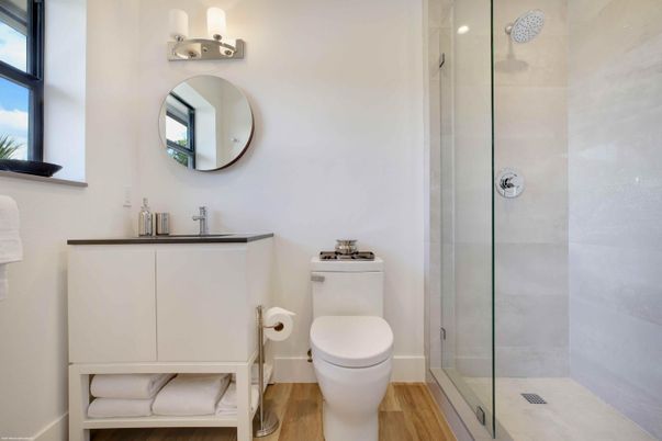 Bathroom, Glass Shower, Interior, Wood Texture Flooring
