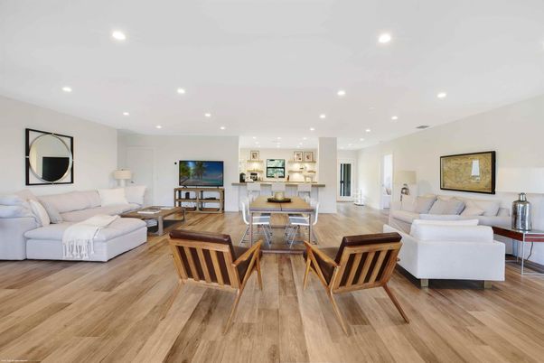 Dining room, Interior, Living room, Recessed Lighting, Wood Texture Flooring
