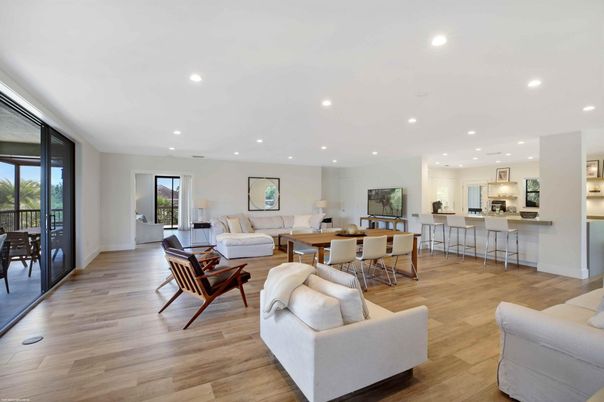 Dining room, Interior, Kitchen, Living room, Recessed Lighting, Stainless Steel Appliances, Wood Texture Flooring