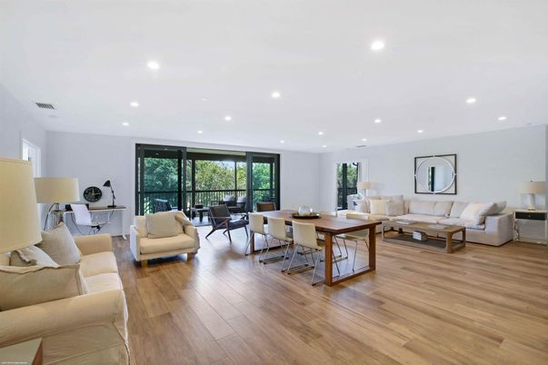 Dining room, Interior, Living room, Recessed Lighting, Wood Texture Flooring