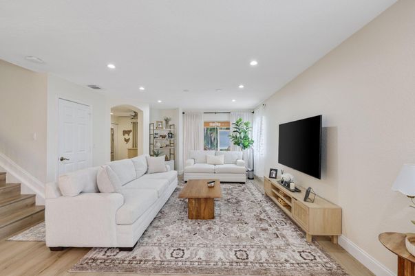 Interior, Living room, Recessed Lighting, Wood Texture Flooring