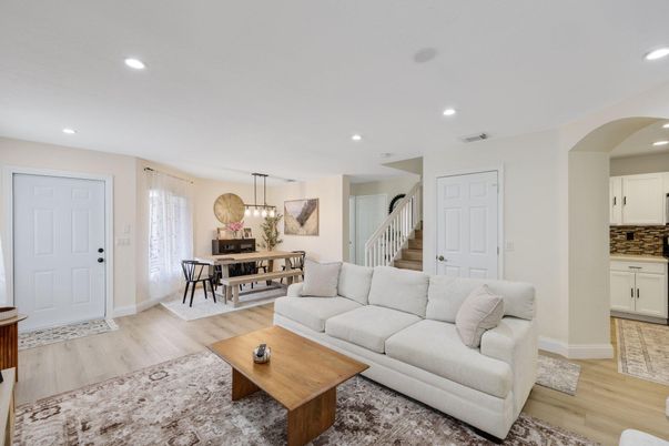 Dining room, Interior, Kitchen, Living room, Pendant Lights, Recessed Lighting, Wood Texture Flooring