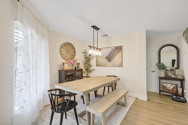 Dining room, Interior, Pendant Lights, Wood Texture Flooring