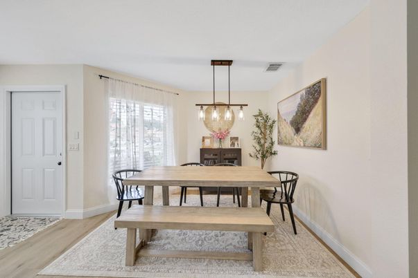 Dining room, Interior, Pendant Lights, Wood Texture Flooring