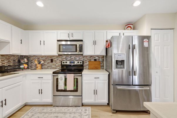 Interior, Kitchen, Recessed Lighting, Stainless Steel Appliances, Wood Texture Flooring