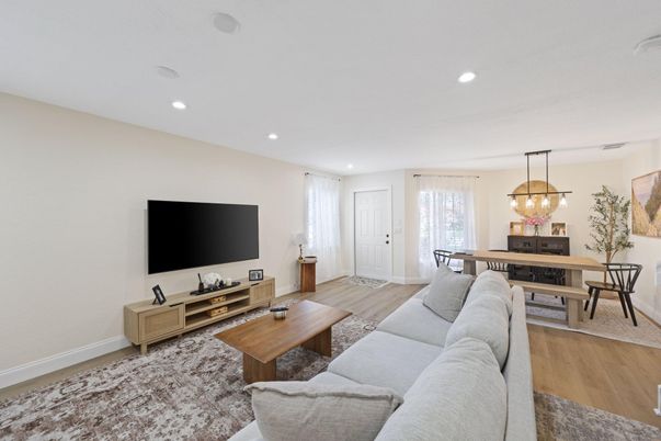 Dining room, Interior, Living room, Pendant Lights, Recessed Lighting, Wood Texture Flooring