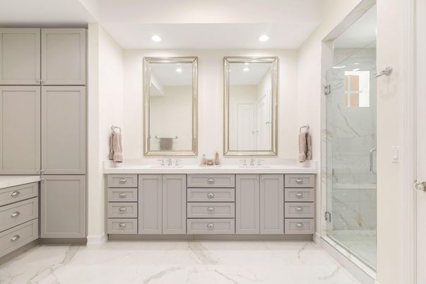 Bathroom, Dual Sink Vanities, Glass Shower, Interior, Marble, Marble Walls, Recessed Lighting