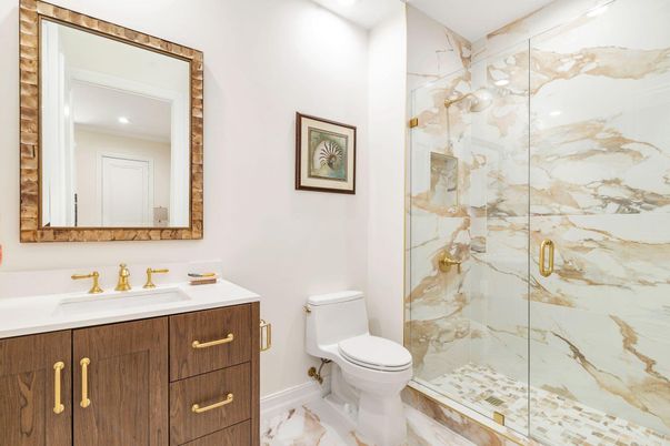 Bathroom, Glass Shower, Interior, Marble, Marble Walls, Recessed Lighting