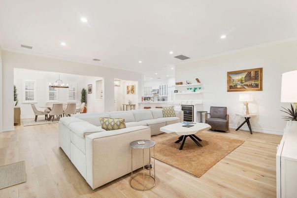Dining room, Interior, Living room, Pendant Lights, Recessed Lighting, Wood Texture Flooring