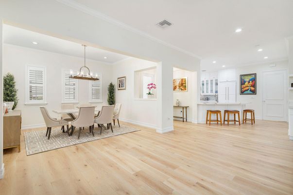 Dining room, Interior, Pendant Lights, Recessed Lighting, Wood Texture Flooring