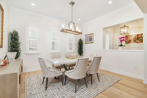 Dining room, Interior, Pendant Lights, Recessed Lighting, Wood Texture Flooring