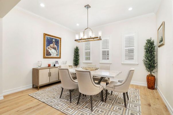 Dining room, Interior, Pendant Lights, Recessed Lighting, Wood Texture Flooring