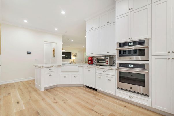 Interior, Kitchen, Recessed Lighting, Stainless Steel Appliances, Wood Texture Flooring