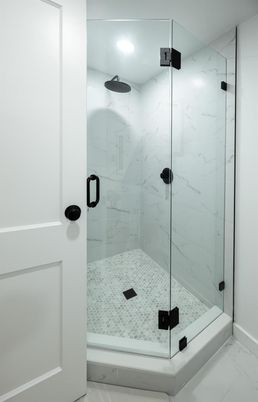 Bathroom, Glass Shower, Interior, Marble Walls, Recessed Lighting