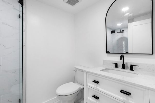 Bathroom, Glass Shower, Interior, Marble Walls, Recessed Lighting