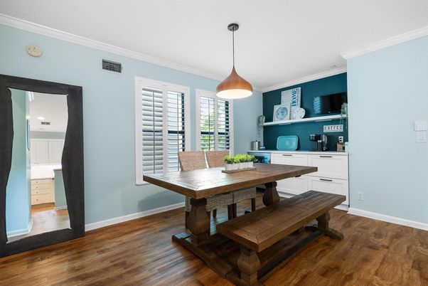 Dining room, Interior, Pendant Lights, Wood Texture Flooring